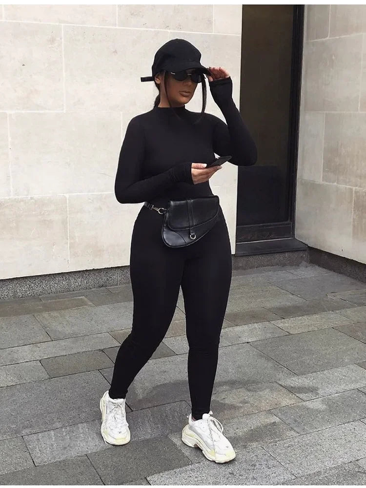 Long sleeve skiing jumpsuit women elastic hight outfit fashion fitness sportswear slim rompers streetwear
