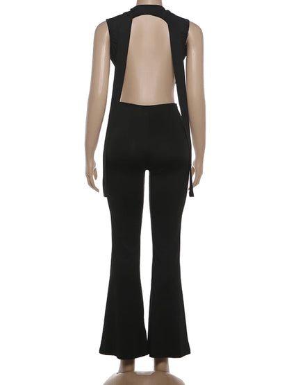 Deep V-Neck Metal Buckle Ruched Cross Bandage Jumpsuits