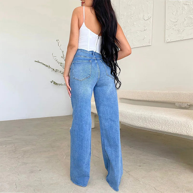 Joan's Wide Leg Pants Denim High Waist Zipper Fly Washing Holes Pockets High Street Jeans