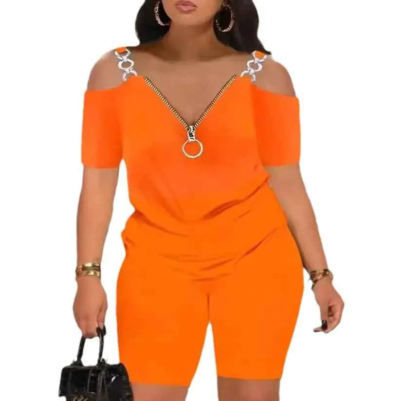 Metal Chain Off Shoulder Strap Tshirt + Short Sets