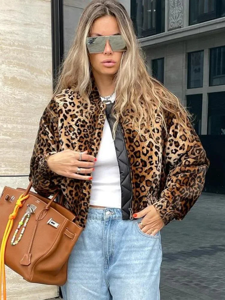 Vanity Leopard Print Zipper Long Sleeve Cropped Coat