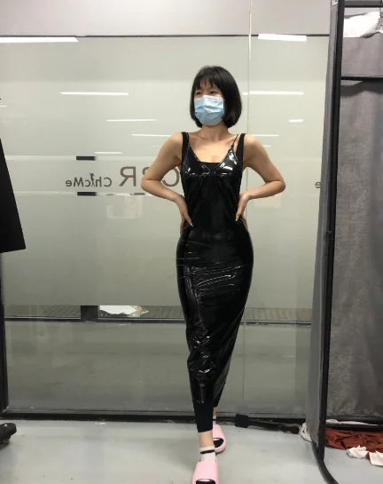 Sabrina Latest Commuting Black Pu Sexy V-Shaped Collar Open Back Sleeveness Sling Long Dresses