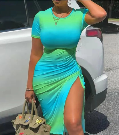 Trendy Printed Slim Bodycon Short Sleeves Drawstring Slit Midi Dresses
