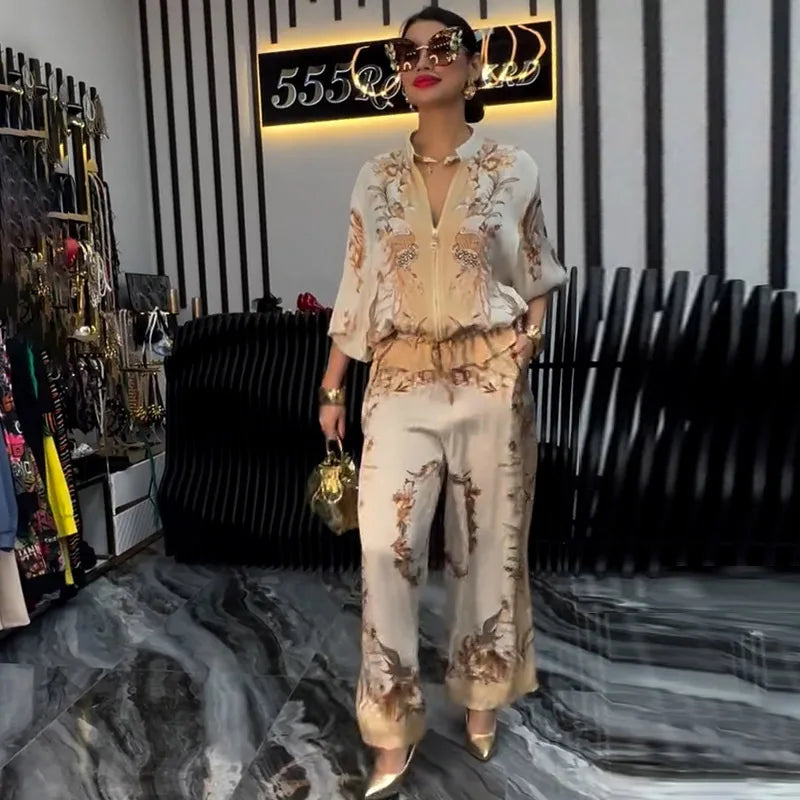 Flower Print Top + Drawstring Trousers Two-piece Suits