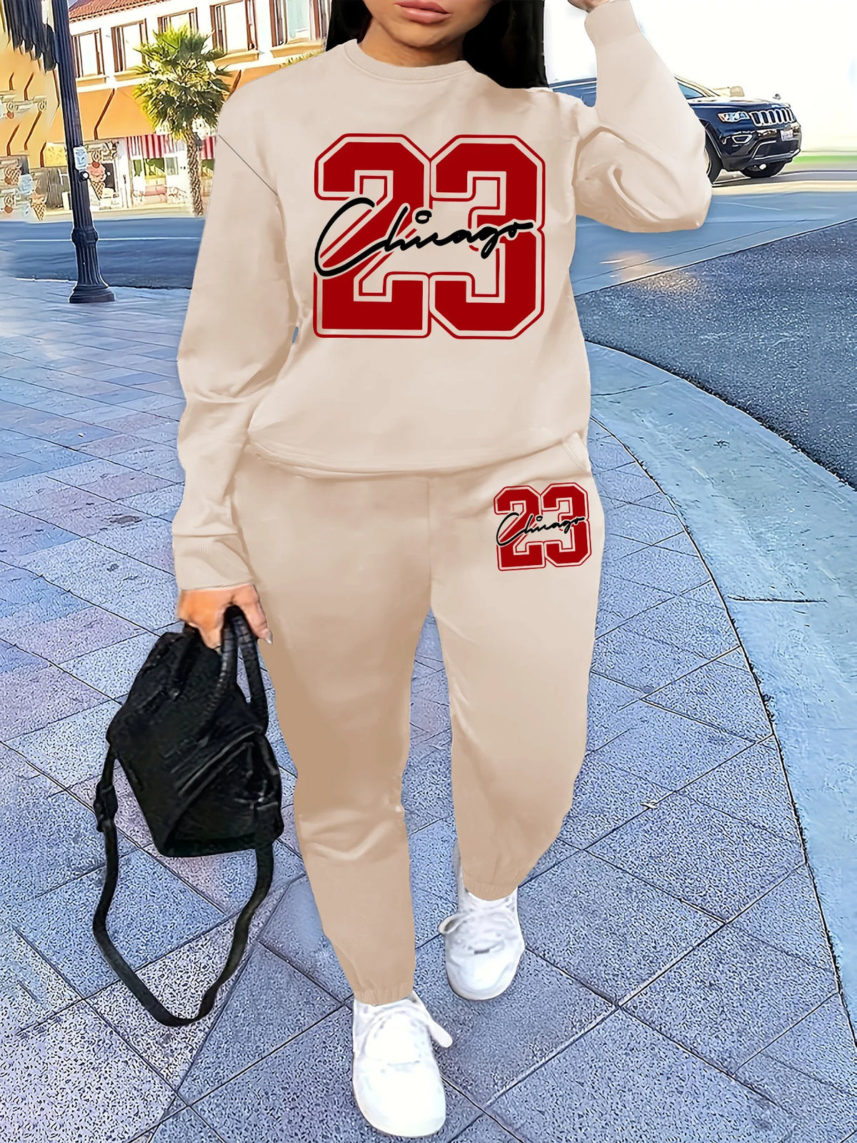 Round-neck pullover + pants set printed design two-piece set fall/winter pullover outfit