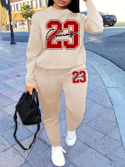 Round-neck pullover + pants set printed design two-piece set fall/winter pullover outfit