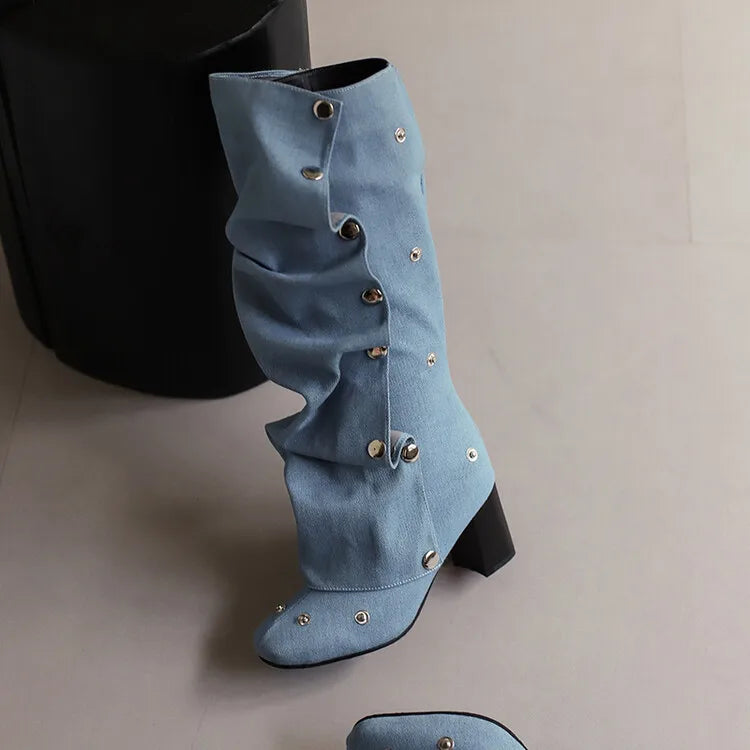 Enashua Denim Square Toe Detachable Rivets 7cm Thick Heel and Knee Length Boots