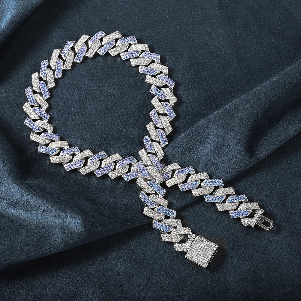 2PCS Hip Hop Cuban Blue White Chain Bracelet + Necklace Men/Women Gifts Every Day Wear Exquisite Punk Style Jewelry
