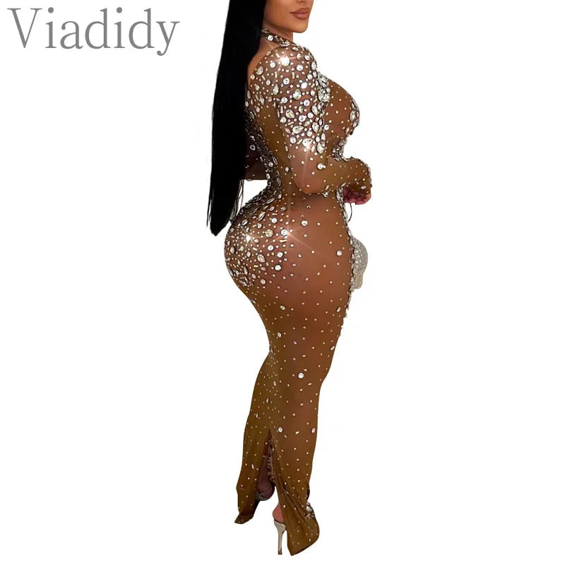 Vanessa See Through Sheer Rhinestone Long Sleeve Maxi Dress