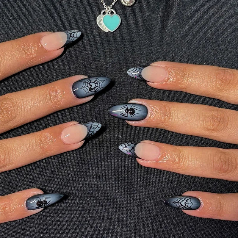 24PCS  Halloween False Nails Simple Dark Black Gradient with Spider Web Patterns French Fake Nails