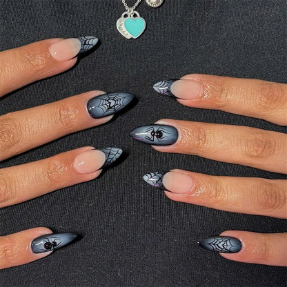 24PCS  Halloween False Nails Simple Dark Black Gradient with Spider Web Patterns French Fake Nails