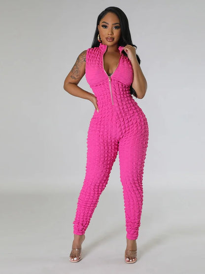 Sleeveless Popcorn Bubble Fabric Front Zipper Jumpsuits