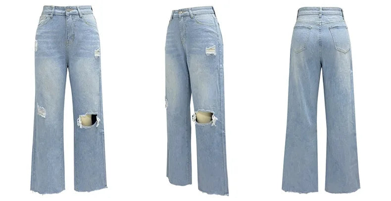 Joan's Wide Leg Pants Denim High Waist Zipper Fly Washing Holes Pockets High Street Jeans