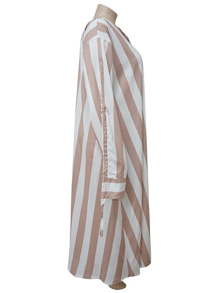 Kemi Striped Loose Button Long Sleeve Maxi Shirts Dress