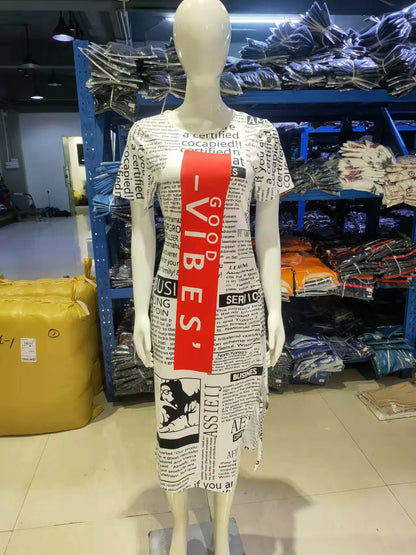 Trendy Printed Slim Bodycon Short Sleeves Drawstring Slit Midi Dresses