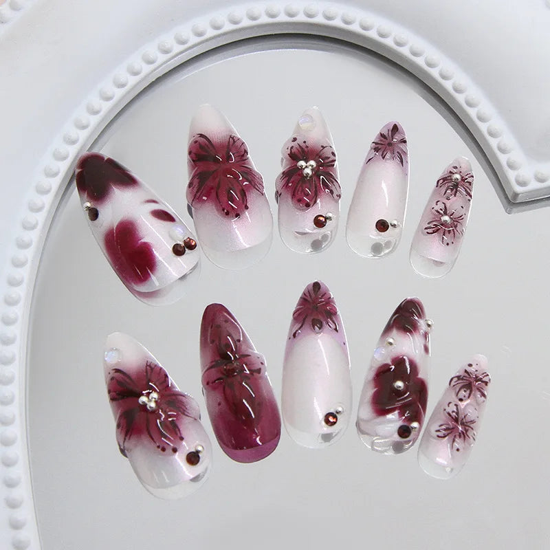 24pcs Flower Print Press on Nails Wine Red Blush Almond False Nail Tips Wearable Reusable Summer Spicy Girl Fake Nails