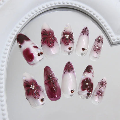 24pcs Flower Print Press on Nails Wine Red Blush Almond False Nail Tips Wearable Reusable Summer Spicy Girl Fake Nails