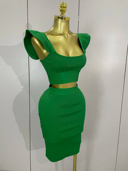 Celebrity Ruffles Red Bandage Skirt Sets