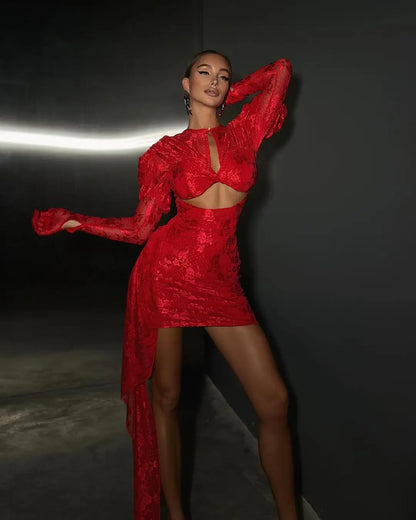 High Quality Lace Draped Bodycon Mini Dress + Gloves