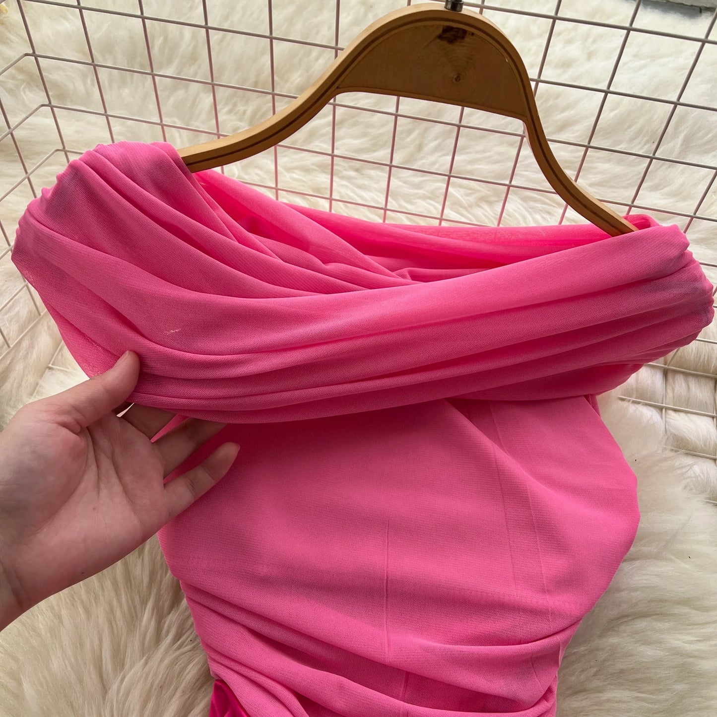 Chic Satin Slash Neck Mesh Splice Pleated Slim Dresses