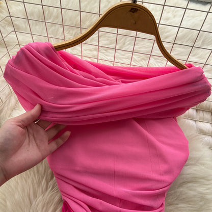 Chic Satin Slash Neck Mesh Splice Pleated Slim Dresses