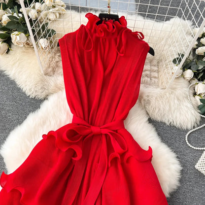 Stand Collar Lace Up Ruffles Boho Dresses