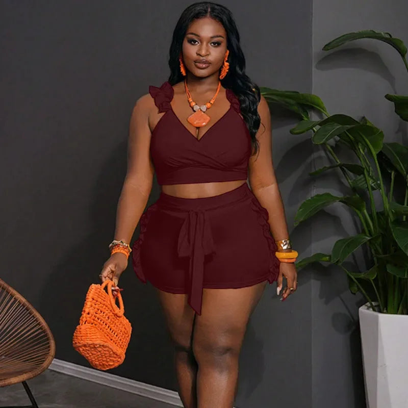 Ruffles V-neck Tank Crop Top and Lace-up Short Sets
