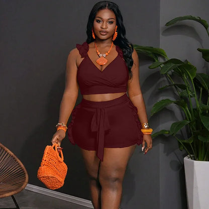 Ruffles V-neck Tank Crop Top and Lace-up Short Sets