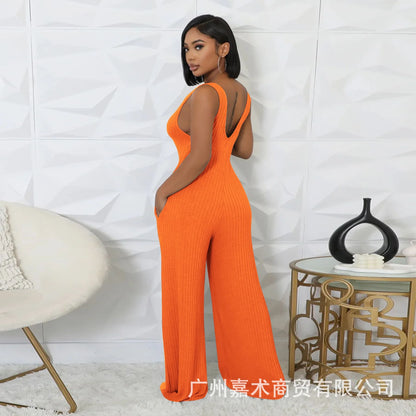 Trendy Solid Color Elastic Wide Leg Jumpsuits (2pcs.)