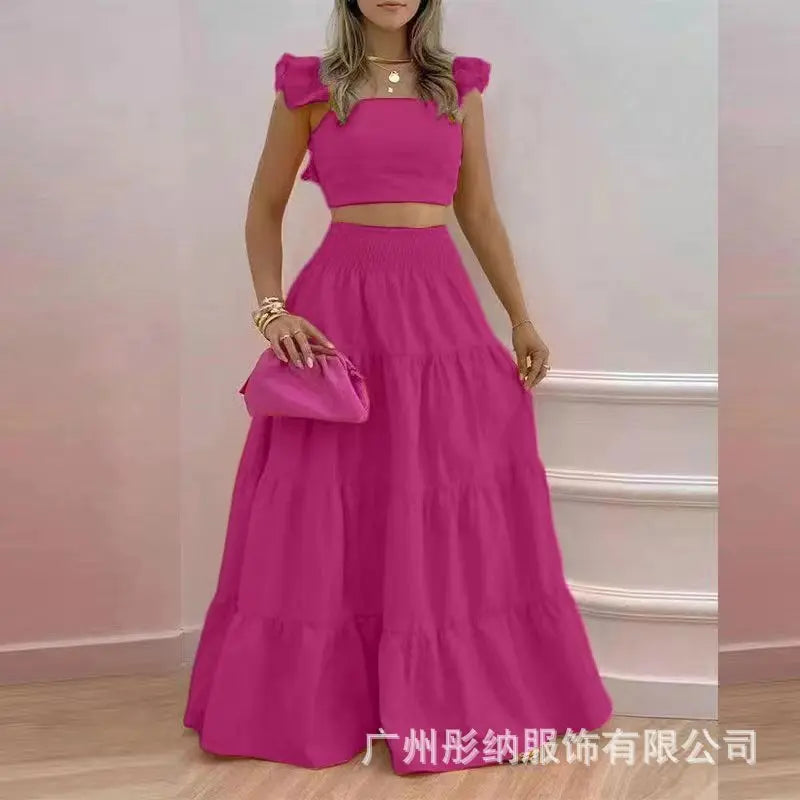 Solid Color Large Swing Skirt + Short Sleeved Square Neck Top (2pcs)