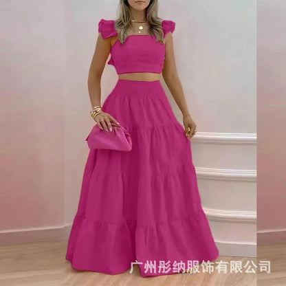 Solid Color Large Swing Skirt + Short Sleeved Square Neck Top (2pcs)