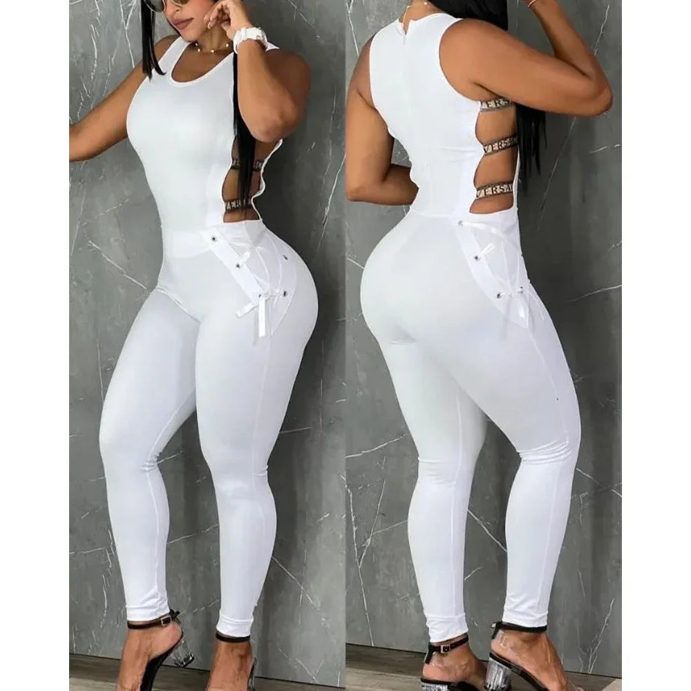 Letter Pattern Sleeveless Ladder Cut Out Jumpsuits