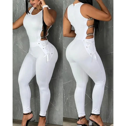 Letter Pattern Sleeveless Ladder Cut Out Jumpsuits