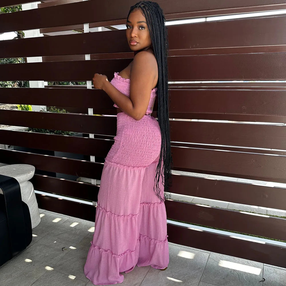 2pc Boho Ruffled Strapless Crop Tube Top + Wide Leg Pants Suit