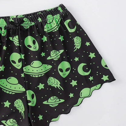 Alien Print Sling Pajamas Set (Top And Shorts)