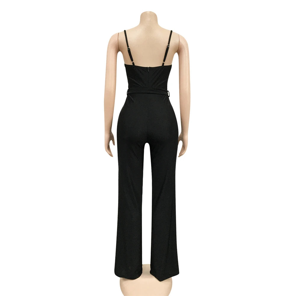 Rachel High Waisted Wide Leg Pants One Piece Sleeveless Jumpsuit with Belt