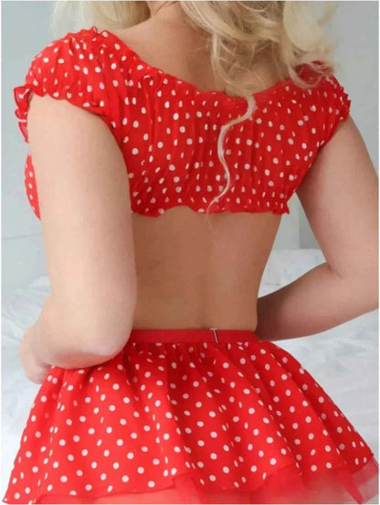 Erotic Short Skirt with Garter Straps Polka Dot + Off Shoulder Puffy Polka Bra Set