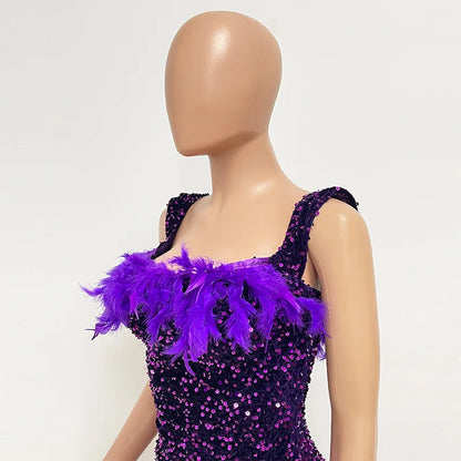 Short Sequins Halter Feathers Spicy Dresses