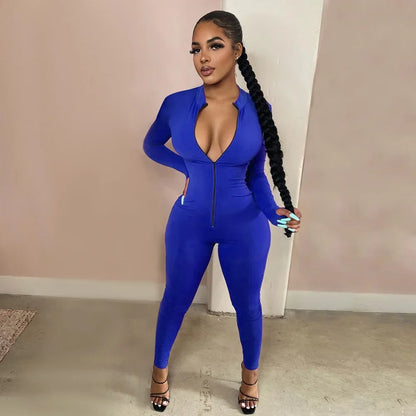 Deep V Bodycon Rompers Womens Jumpsuit Sport Suit Fashion Zip Up Long Pants Overalls Fitness Set
