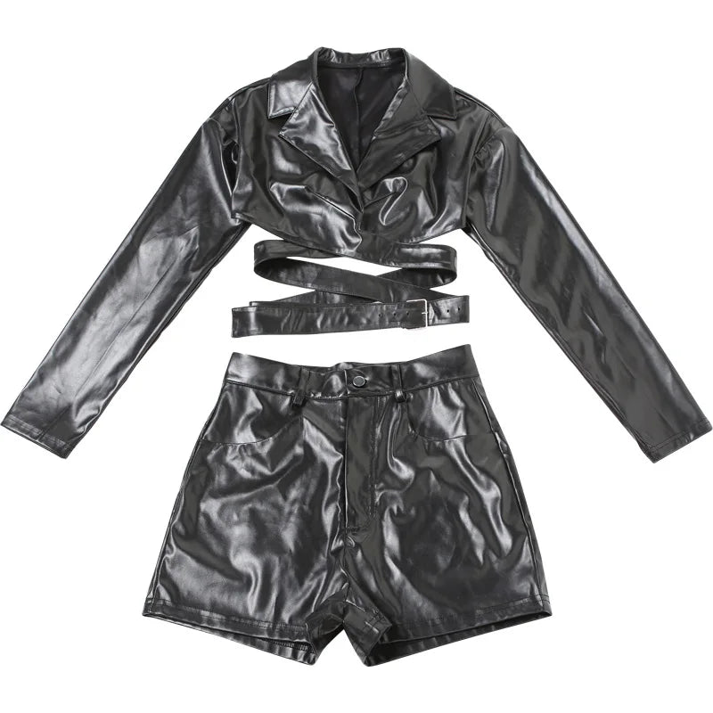 PU Leather Black 2 Piece Set Women Hipster Sexy V-Neck Long Sleeve Crop Top and Shorts Matching Party Clubwear Streetwear