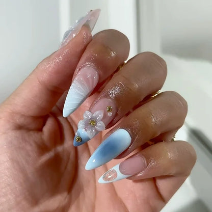 24Pc Long Stiletto Press on Nails Cherry Pink French False Nails with 3D Bow Pearls Design Detachable Acrylic Fake Nail Art Tips