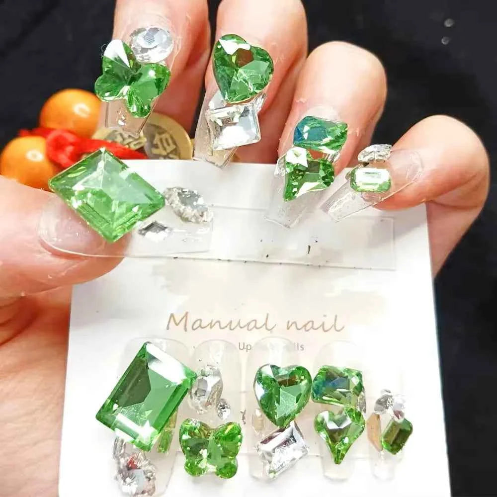 10pcs High Quality Press on Nails Green Starry Sky Shining Eyes Nail Equipment Nails
