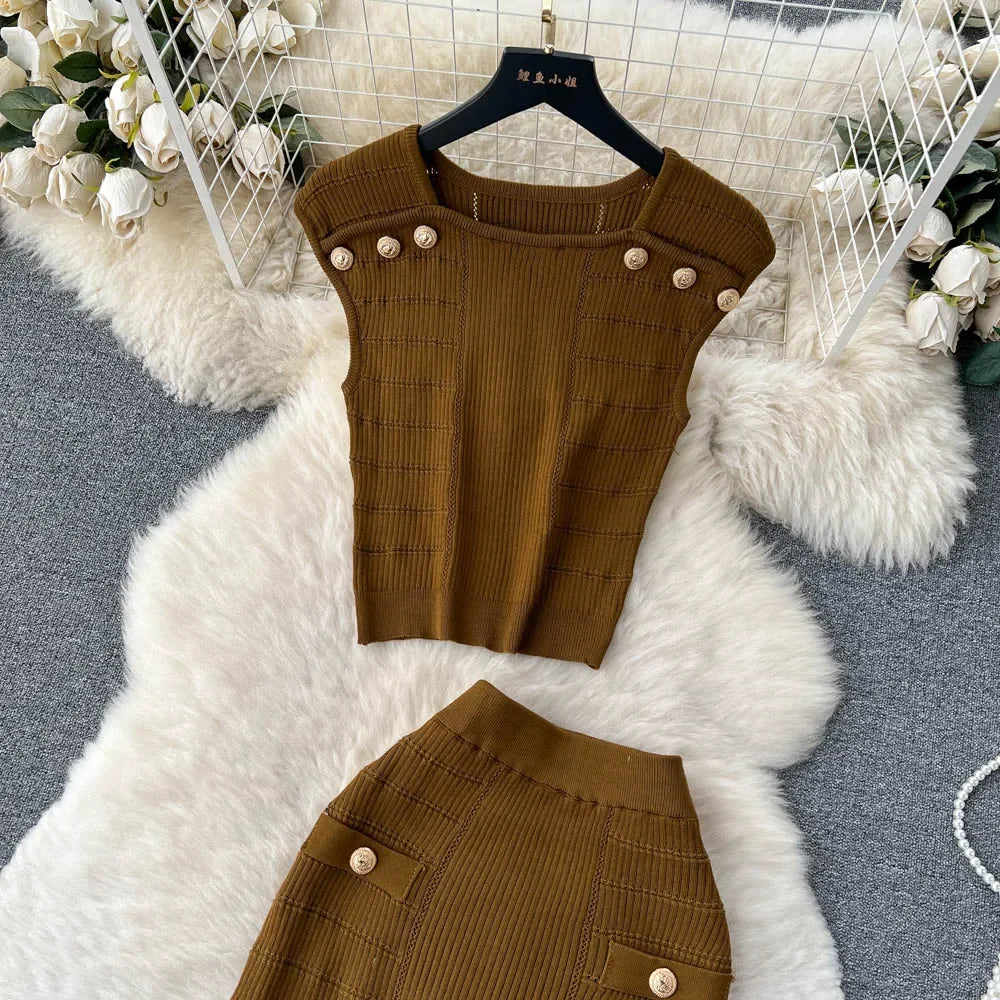 Knitted 2 Pcs. Buttons Crop Top Tanks + Slit Midi Skirt Set