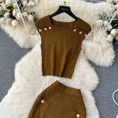 Knitted 2 Pcs. Buttons Crop Top Tanks + Slit Midi Skirt Set