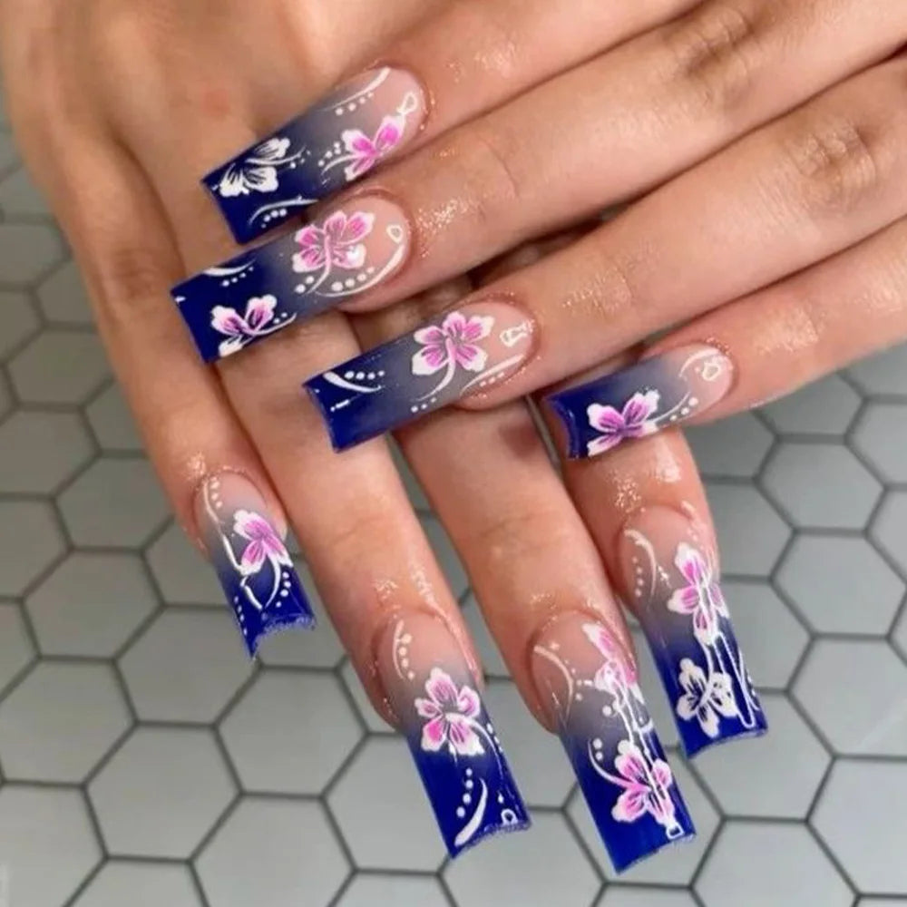 24Pcs Blue Long False Nails Butterfly Ballet French Cartoon  Wearable Fake Nails Full Cover Design Press on Nails Tips Art