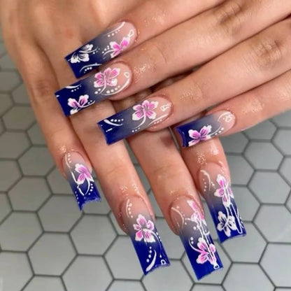 24Pcs Blue Long False Nails Butterfly Ballet French Cartoon  Wearable Fake Nails Full Cover Design Press on Nails Tips Art
