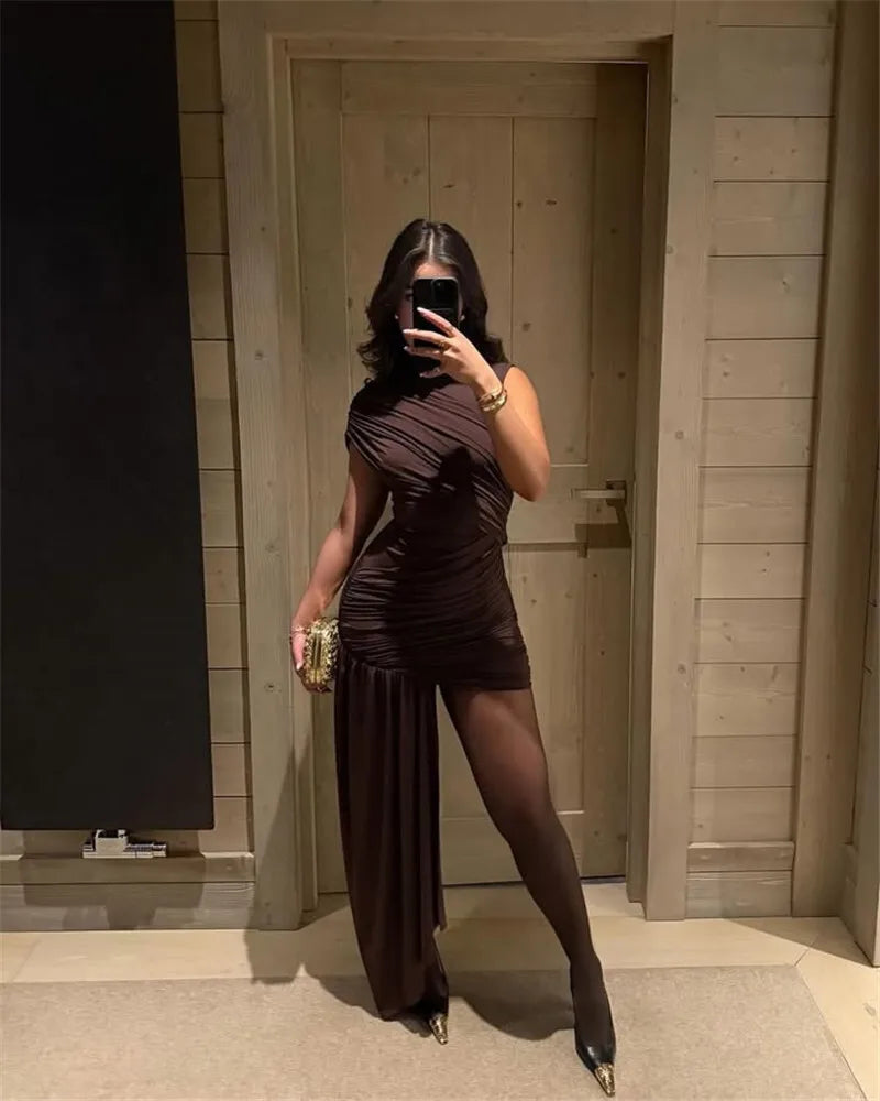 Elegant Turtleneck Sleeveless High Waist Pleated Dresses