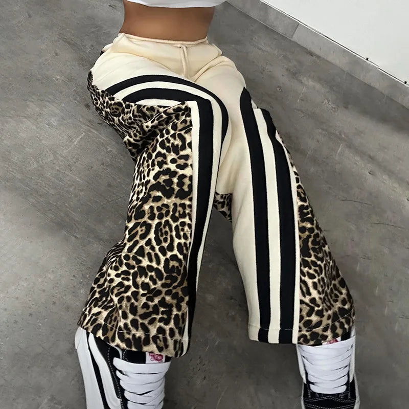 Sophie Leopard Printed Striped Wide Leg Sweatpants High Waisted Straight Trouser