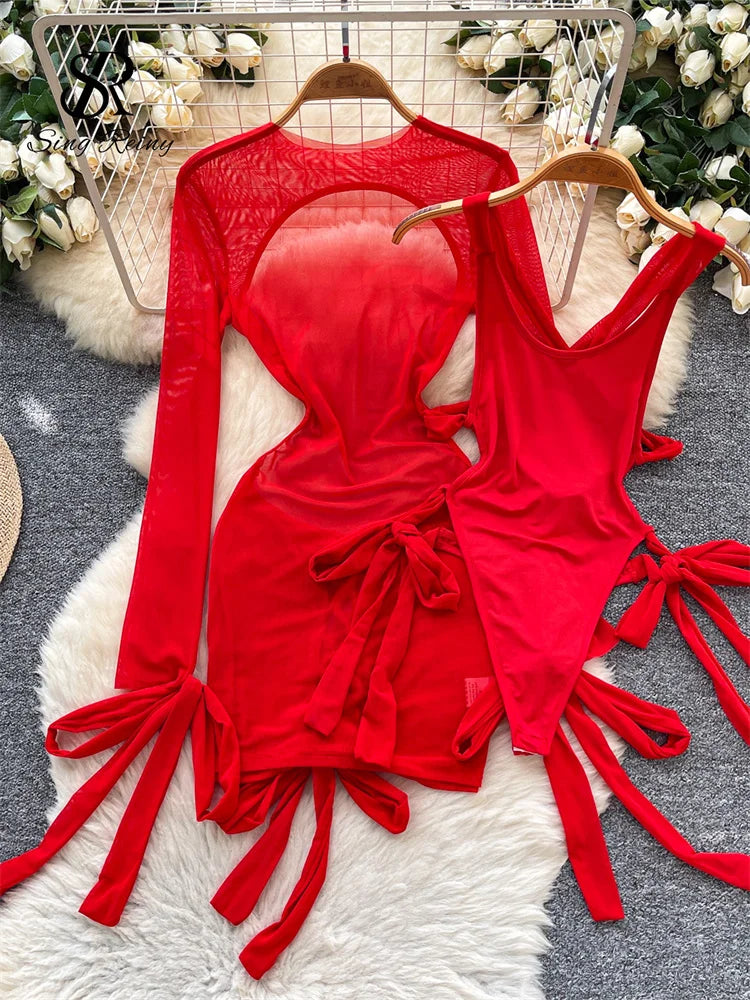 Split Swimwear Long Sleeves Hollow Out Mini Dress + Lace Up Bodysuits Sheer Vacation Bikini Sets