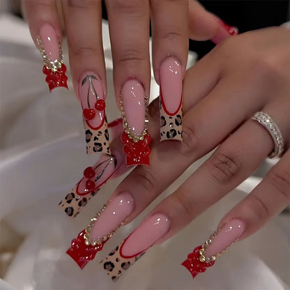 24Pcs Long Ballet False Nails Pink Butterfly with Rhinestones French Design Wearable Fake Nails Glitter Press on Nails Tips Art